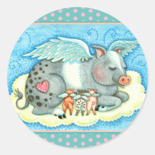 ALL GOOD PIGLETS GO TO HEAVEN, CUTE PIG ANGELS CLASSIC ROUND STICKER