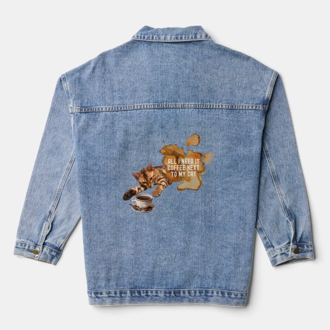 All I Need Is Coffee Next To My Cat Funny Saying  Denim Jacket (Back)