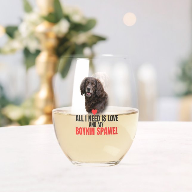 All I Need Is Love and My Boykin Spaniel  Stemless Wine Glass (Insitu (Wedding))