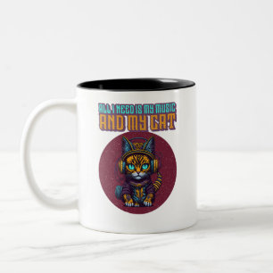 All I Need is My Music and My Cat - Funny Cat Two-Tone Coffee Mug