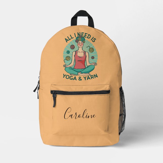 All I need is Yoga and Yarne Phrase Printed Backpack (Front)