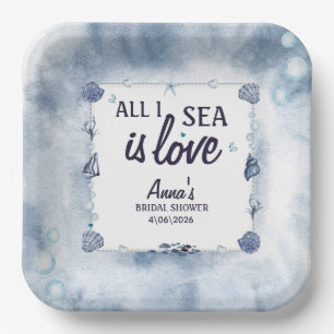  all I Sea Is Love Bridal Shower Watercolor Seashe Paper Plate