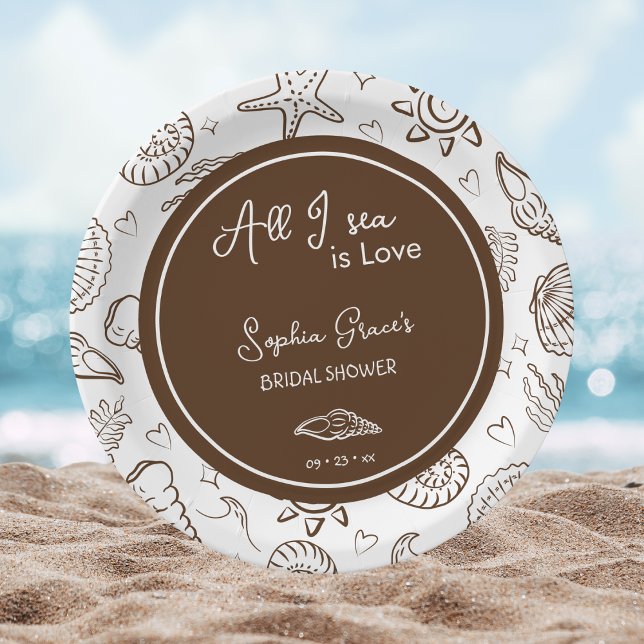 All I Sea is Love Brown Seashells Doodles  Paper Plate (Creator Uploaded)