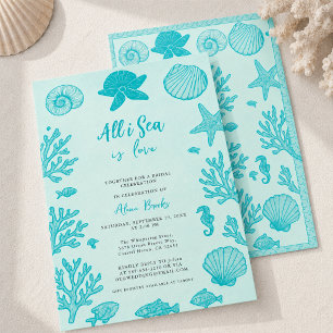 All I Sea Is Love Coastal Boho Shell Aqua Art Invitation
