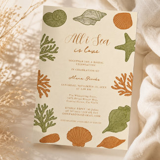 All I Sea Is Love Coastal Retro Coral Art Invitation