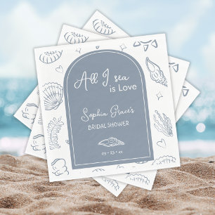 All I Sea is Love Dusty Blue Seashells Doodles Napkin