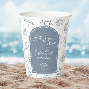 All I Sea is Love Dusty Blue Seashells Doodles Paper Cups