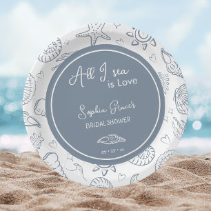 All I Sea is Love Dusty Blue Seashells Doodles  Paper Plate