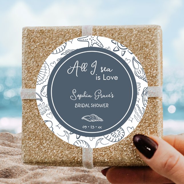 All I Sea is Love Navy Blue Seashells Doodles  Classic Round Sticker (Creator Uploaded)