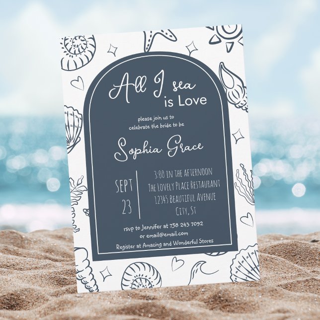 All I Sea is Love Navy Blue Seashells Doodles  Invitation (Creator Uploaded)
