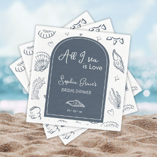 All I Sea is Love Navy Blue Seashells Doodles  Napkin