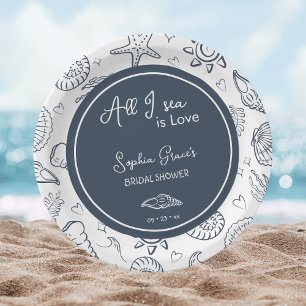 All I Sea is Love Navy Blue Seashells Doodles Paper Plate