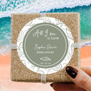 All I Sea is Love Sage Green Seashells Doodles  Classic Round Sticker