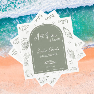 All I Sea is Love Sage Green Seashells Doodles Napkin