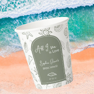 All I Sea is Love Sage Green Seashells Doodles  Paper Cups