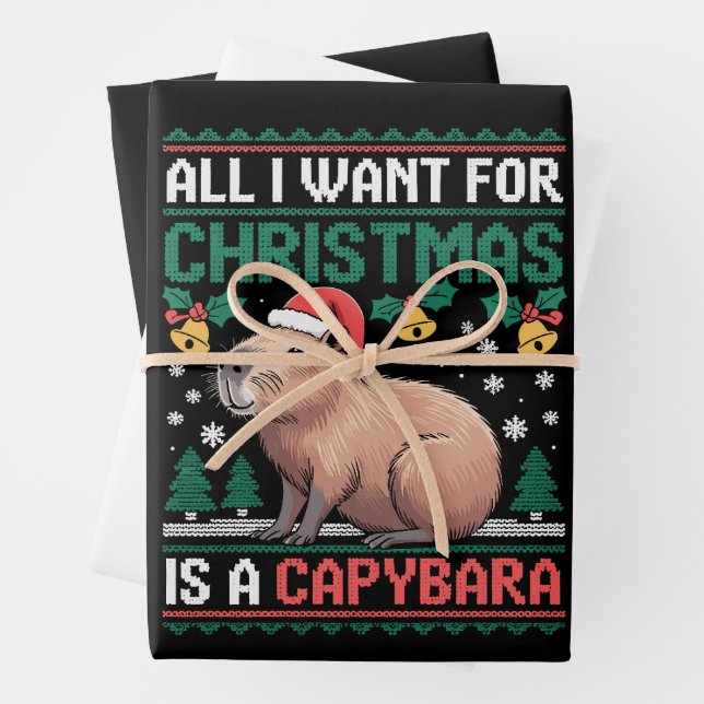All I Want For Christmas Is A Capybara Animal Gift Wrapping Paper Sheet (In situ)