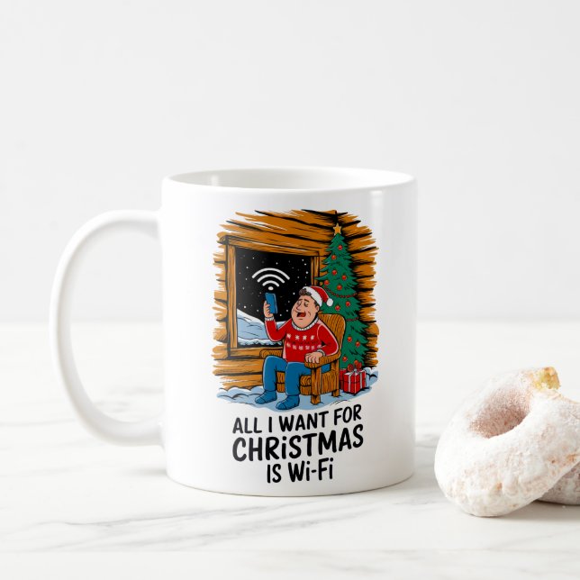 All I Want for Christmas Is WiFi Funny Art Coffee Mug (With Donut)