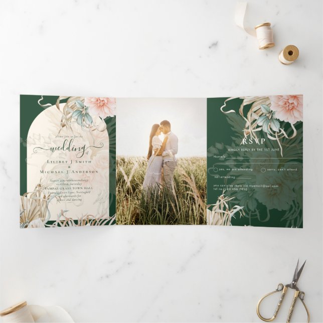 All-in-1 Green Pampas Grass Peach Wedding PHOTO  Tri-Fold Invitation (Inside)