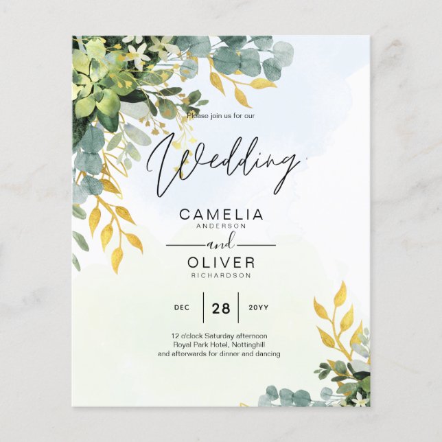 All-in-1 Greenery Gold Eucalyptus Leaves Wedding Flyer (Front)