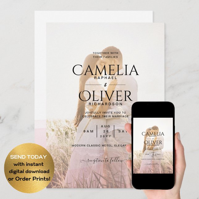 All-in-1 Pink Ombre Photo Overlay Wedding QR Code Invitation (Creator Uploaded)