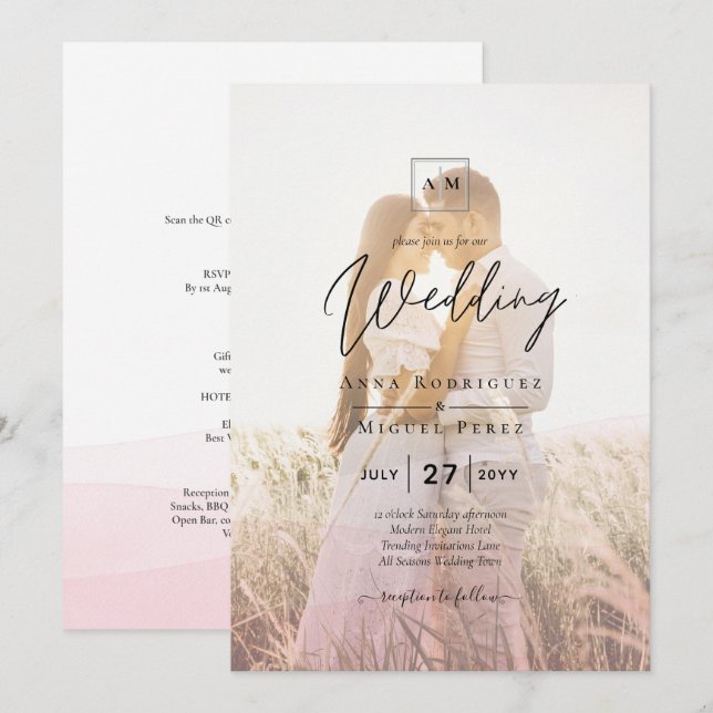 All-in-1 Pink Ombre Photo Overlay Wedding QR Code Invitation (Front/Back)