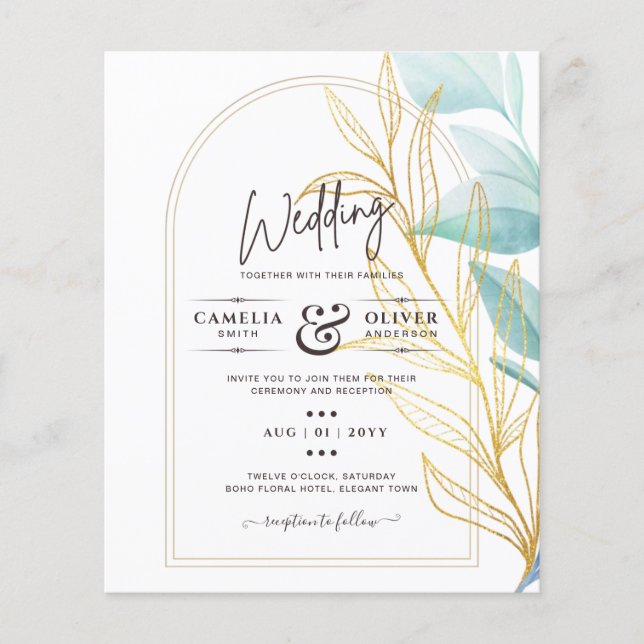 All-in-1 Sea Glass Aqua Green Gold Leaves Wedding  Flyer (Front)