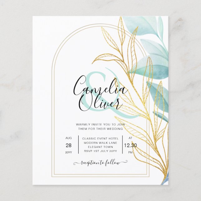 All-in-1 Sea Glass Aqua Green Gold Leaves Wedding  Flyer (Front)