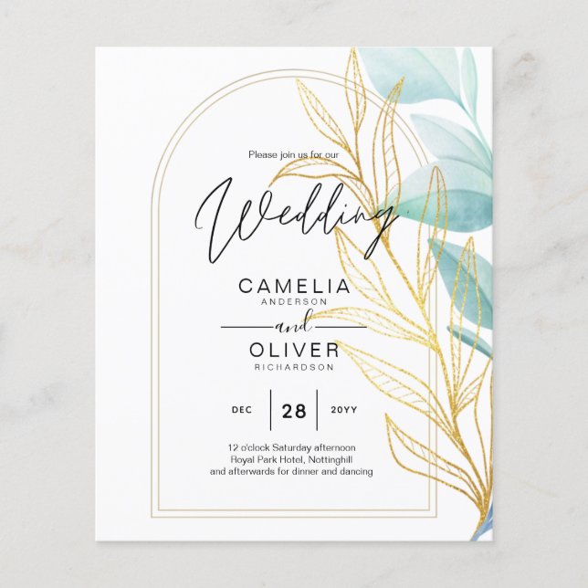 All-in-1 Sea Glass Aqua Green Gold Leaves Wedding  Flyer (Front)