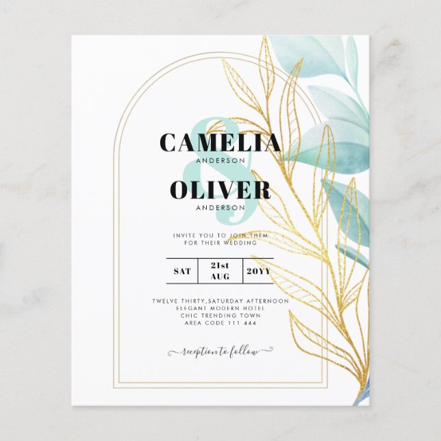 All-in-1 Sea Glass Aqua Green Gold Leaves Wedding  Flyer (Front)