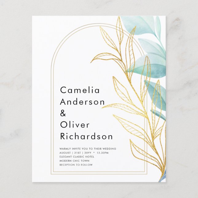 All-in-1 Sea Glass Aqua Green Gold Leaves Wedding  Flyer (Front)