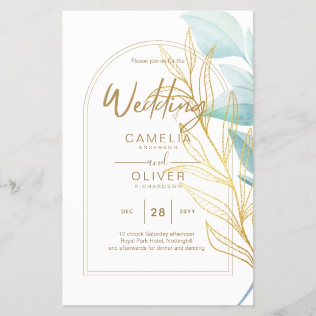 All-in-1 Sea Glass Aqua Green Gold Leaves Wedding  Flyer (Front)