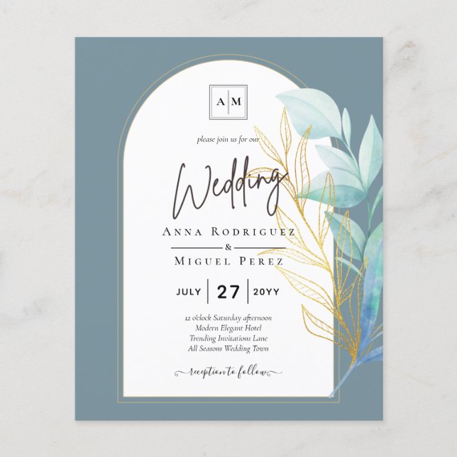 All-in-1 Sea Glass Aqua Green Gold Leaves Wedding  Flyer (Front)