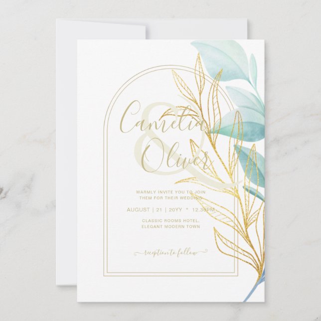 All-in-1 Sea Glass Aqua Green Gold Leaves Wedding  Invitation (Front)