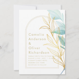 All-in-1 Sea Glass Aqua Green Gold Leaves Wedding  Invitation