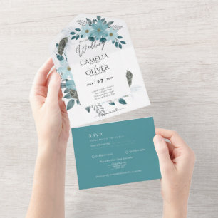 All-in-1 Sea Glass Teal Floral Invite and RSVP