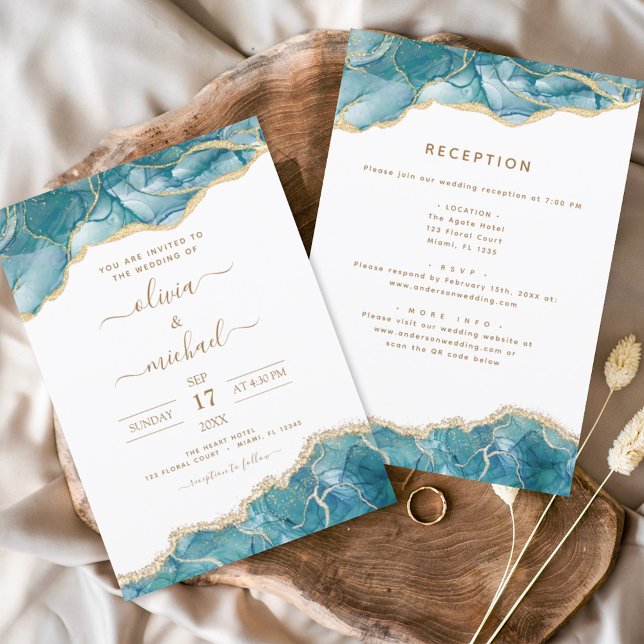 All in One Agate Turquoise Teal Gold Wedding Invitation (Creator Uploaded)