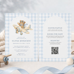 All in One Airplane Bear Gingham Boy Baby Shower Invitation