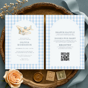 All in One Airplane Blue Gingham Boy Baby Shower Invitation