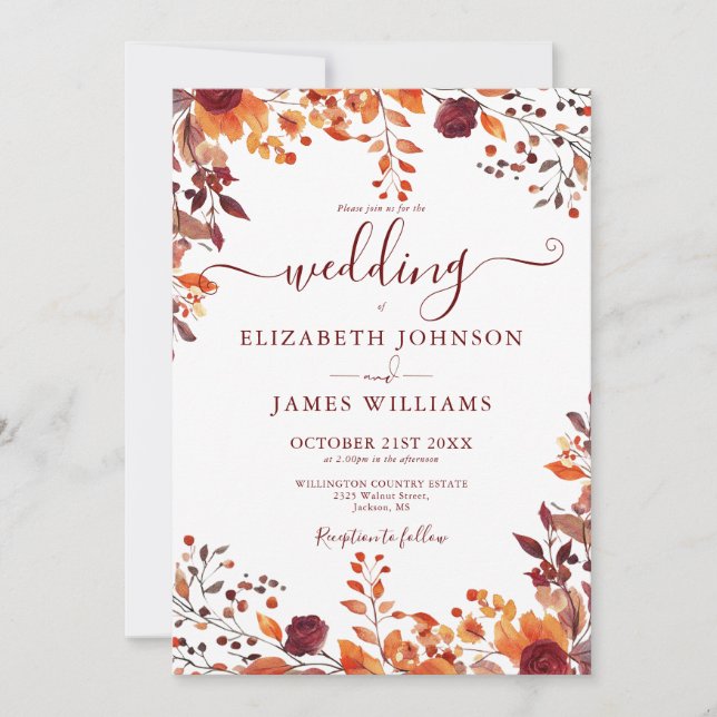 All In One Autumn Fall Floral Leaves Wedding Invitation (Front)