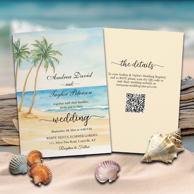 All in One Beach and Palm Trees QR Code Wedding Invitation (Creator Uploaded)