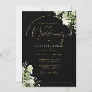 All In One Black And Gold Floral Photo Wedding Invitation