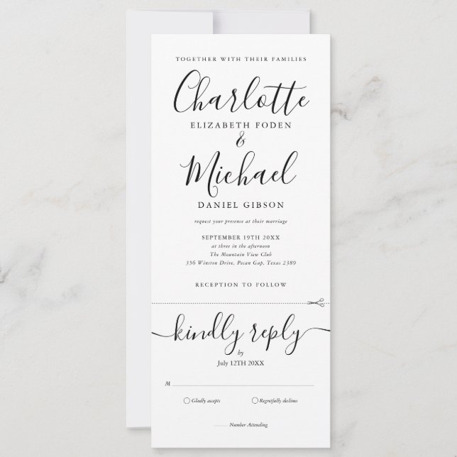 All In One Black And White Elegant Script Wedding Invitation (Front)