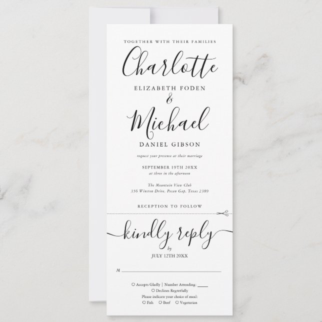All In One Black And White Elegant Script Wedding Invitation (Front)