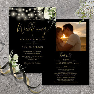 All In One Black Gold Greenery Light Photo Wedding Invitation