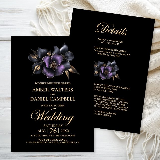 All in One Black Purple Grey Floral Wedding Invitation (Creator Uploaded)