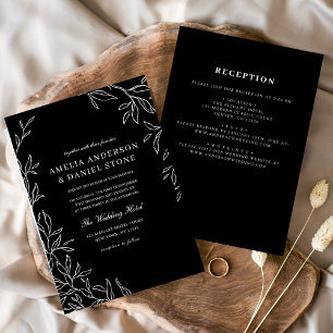 All in One Black & White Minimal Leaf Wedding  Invitation