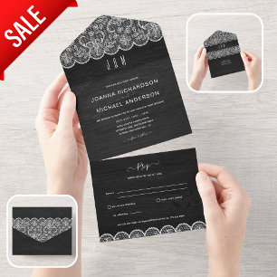 All In One Black Wood Lace Wedding with RSVP Invitation