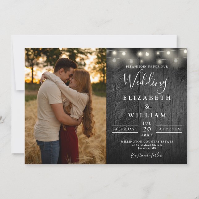 All In One Black Wood String Lights Wedding Photo Invitation (Front)