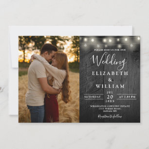 All In One Black Wood String Lights Wedding Photo Invitation