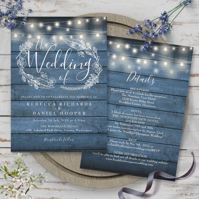 All In One Blue Rustic Wood String Lights Wedding Invitation (All In One Blue Rustic Wood String Lights Wedding Invitation)